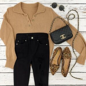 NWT Blu Pepper Mine Olive Brown Collared Knit lightweight Sweater Long Sleeve, S